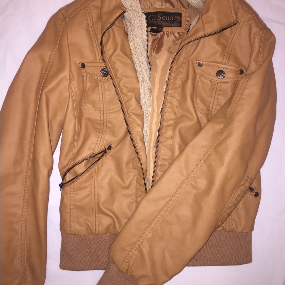 Tan Pleather Jacket with Detachable Crochet Hood